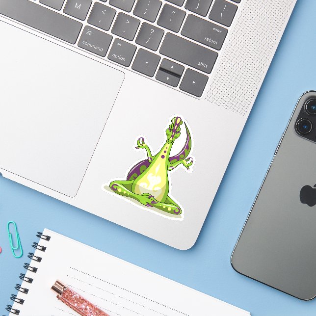 A Cartoon Iguanodon Dinosaur Doing Yoga. Sticker (Laptop w/ iPhone)
