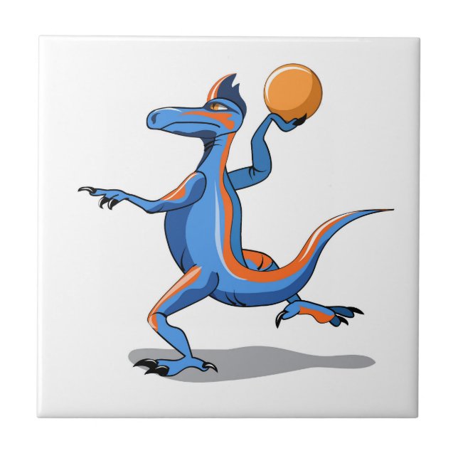 A Cartoon Iguanodon Playing Basketball. Ceramic Tile (Front)