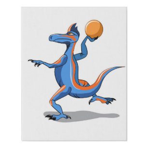 A Cartoon Iguanodon Playing Basketball. Faux Canvas Print