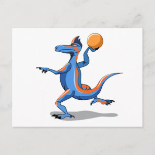 A Cartoon Iguanodon Playing Basketball. Postcard