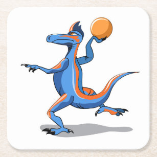 A Cartoon Iguanodon Playing Basketball. Square Paper Coaster