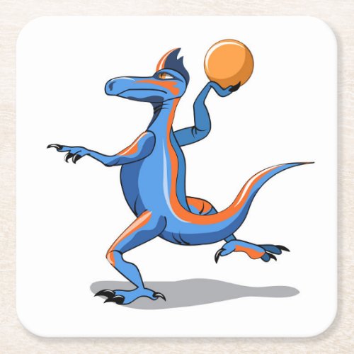 A Cartoon Iguanodon Playing Basketball Square Paper Coaster