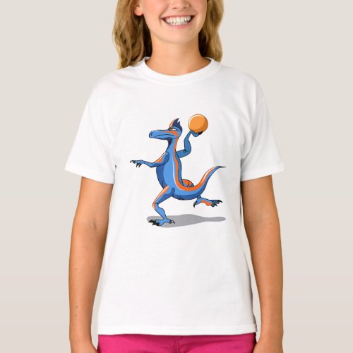 A Cartoon Iguanodon Playing Basketball T_Shirt