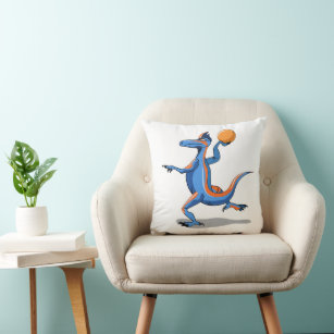 A Cartoon Iguanodon Playing Basketball. Throw Pillow
