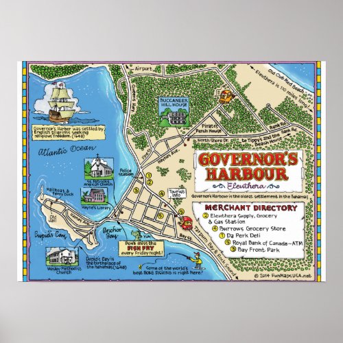 A cartoon map of Governors Harbor Bahamas Poster