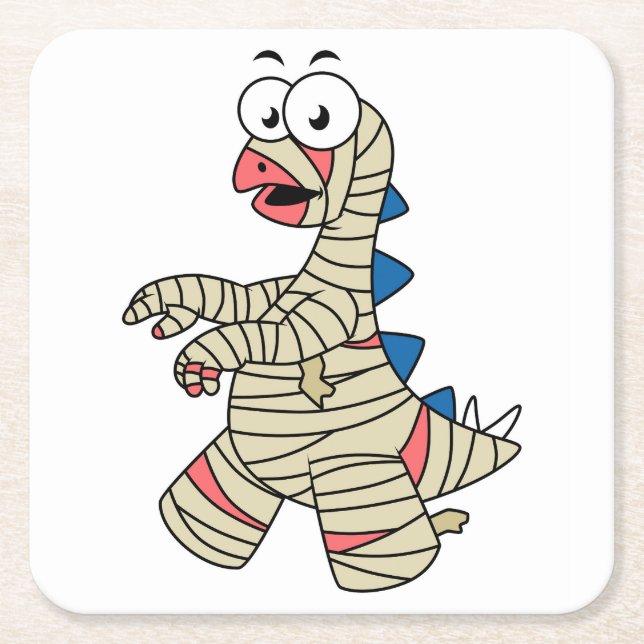 A Cartoon Stegosaurus Dressed Up As A Mummy. Square Paper Coaster (Front)