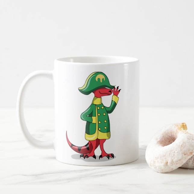 A Cartoon Tyrannosaur Rex Dressed As Napoleon. Coffee Mug (With Donut)