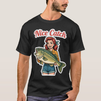 A cartoon woman holding a large fish on transparen T-Shirt