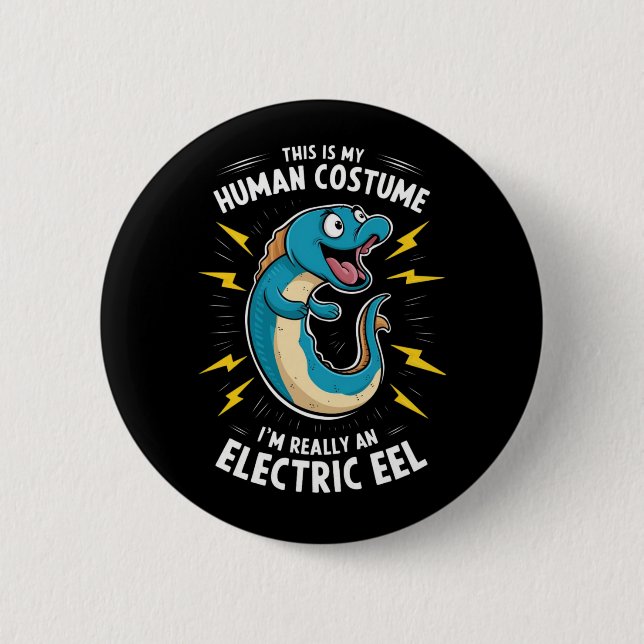 A cartoonish electric blue eel button (Front)