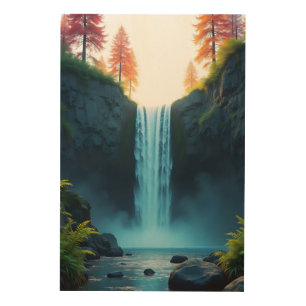 A cascading waterfall surrounded by lush greenery wood wall art