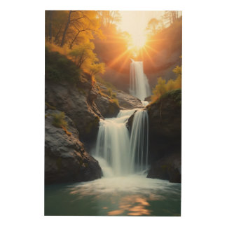 A cascading waterfall surrounded Wood Wall Art