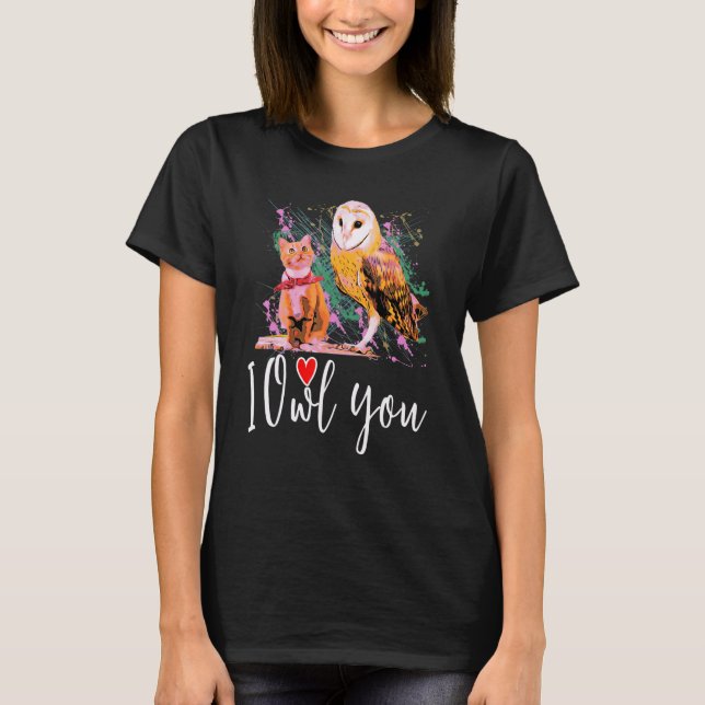 A Cat And An Owl Funny Pet Owner Cute Animal Lover T-Shirt (Front)