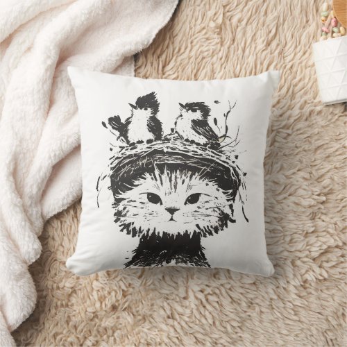 A cat and two birds hand drawn throw pillow