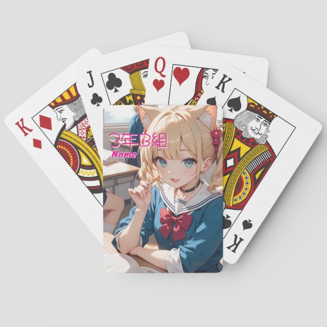 A cat-ear girl attending school. poker cards (Back)