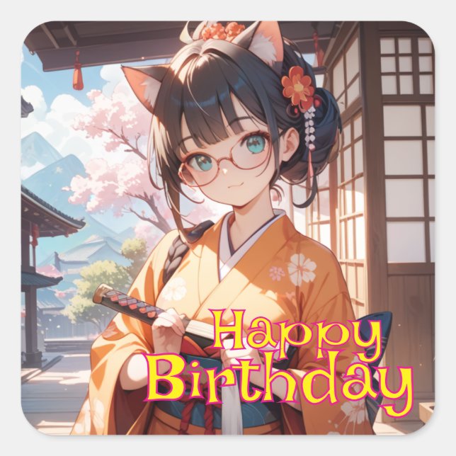 A cat-ear girl with a short sword square sticker (Front)