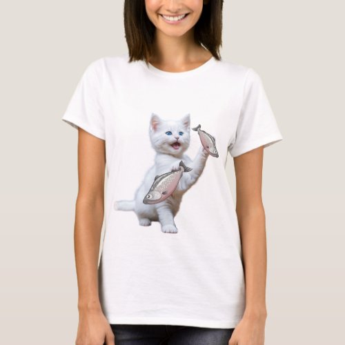 A cat holding fish  in his hand  and laughing  T_Shirt