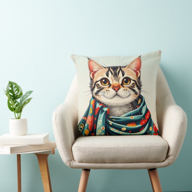 a cat in a blanket throw pillow (Chair)