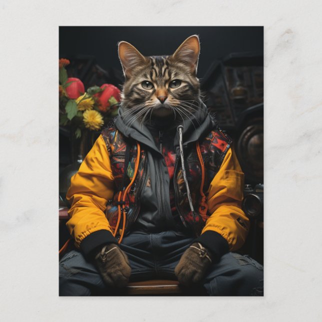 A Cat in a Colorful Jacket Postcard (Front)