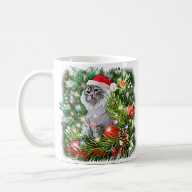 A cat in a Santa Claus hat and a Christmas tree	 Coffee Mug (Left)