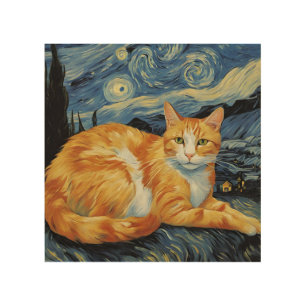 A Cat in The Starry Night Wood Wall Art
