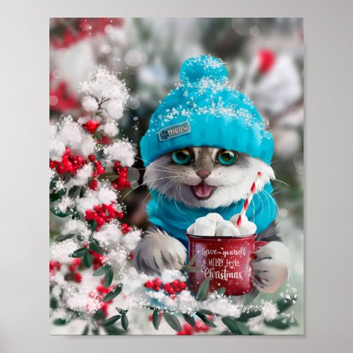 A cat in winter clothes drinking cocoa poster