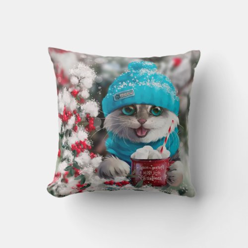 A cat in winter clothes drinking cocoa throw pillow