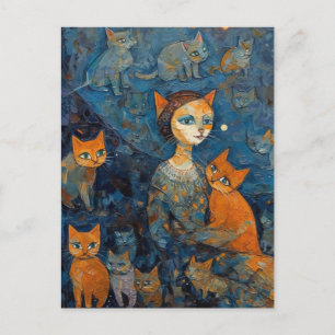 A Cat Lady in The City At Night With Her Cats Postcard