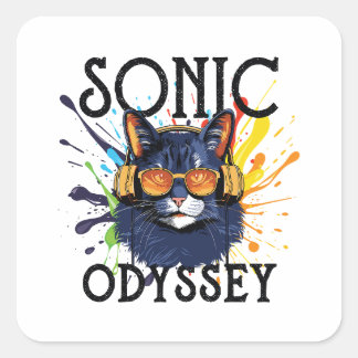 a cat listening to music on headphones square sticker