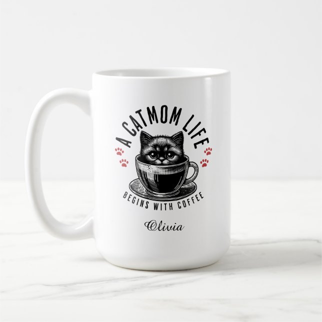 A cat mom life begins with coffee, Custom name Coffee Mug (Left)
