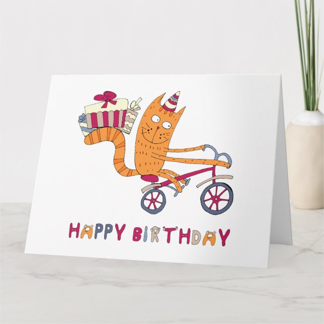 A cat on a bicycle carries birthday gifts. card (Front)