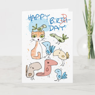 A cat on a birthday card... or a bird day card? card