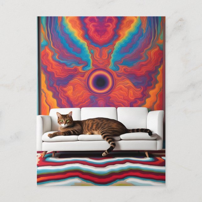 A cat on a white couch psychedelic colorful unique postcard (Front)