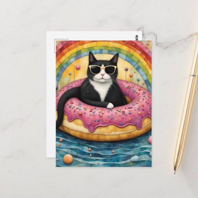A Cat on Vacation in a Floating Donut Postcard (Front/Back In Situ)