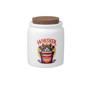 A cat peeking out from behind a flowerpot candy jar