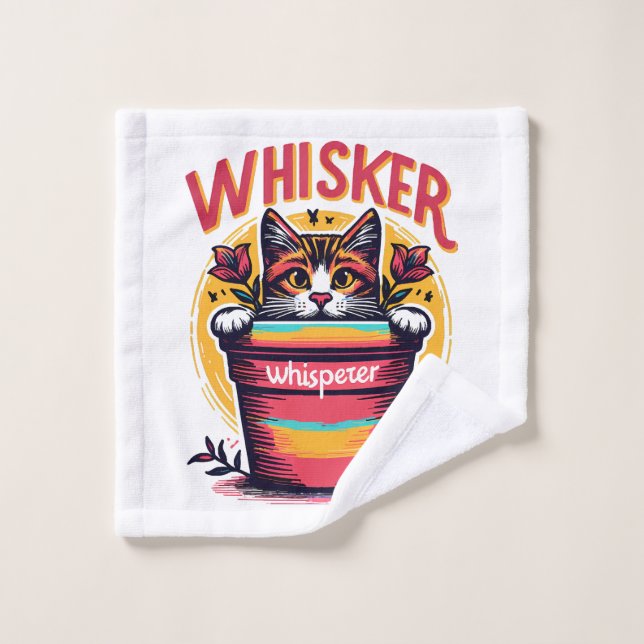 A cat peeking out from behind a flowerpot wash cloth (Wash Cloth)
