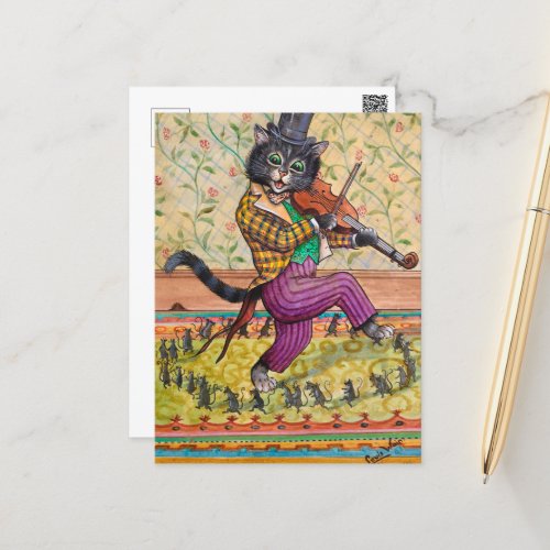 A Cat Playing a Fiddle by Louis Wain Postcard
