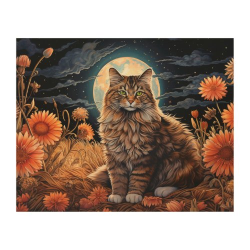 a CAT sitting on flowers in the cent WOOD WALL ART