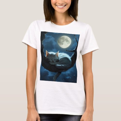 A Cat sleeping in full moon night T_Shirt