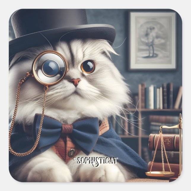 A cat wearing a monocle VI Square Sticker (Front)