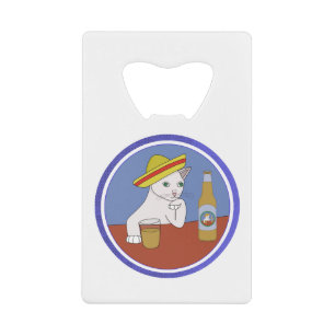 A cat Wearing a Sombrero and Drinking Credit Card Bottle Opener
