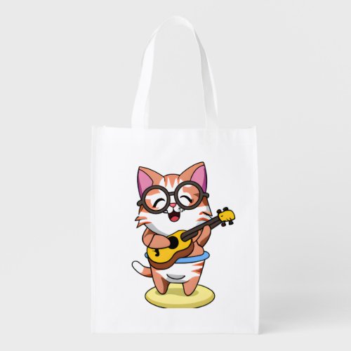 A cat who wears glasses and plays the ukulele      grocery bag