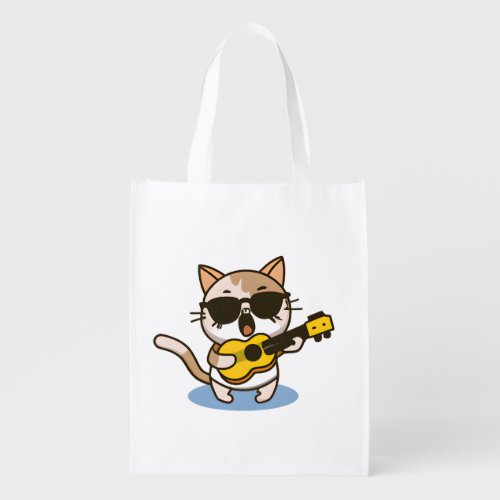 A cat who wears glasses and plays the ukulele    grocery bag