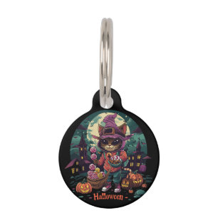 a cat with a basket of flowers and a cat with a ba pet ID tag