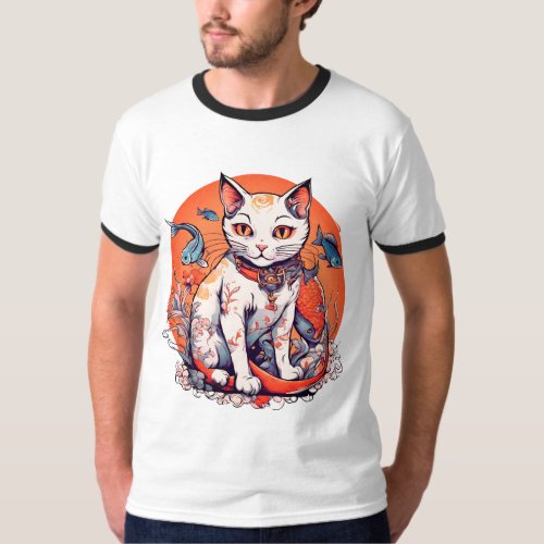 A Cat with a Fish and a Dragon in Japanese Art T_Shirt