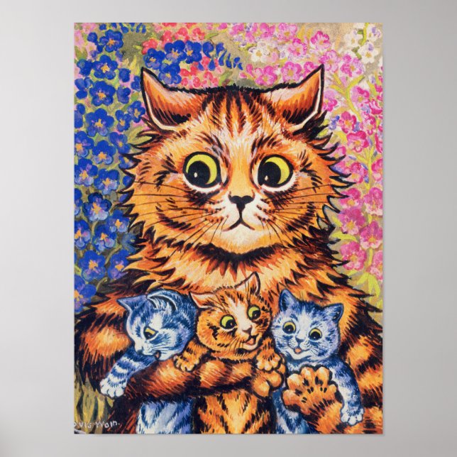 A Cat with her Kittens by Louis Wain Poster (Front)