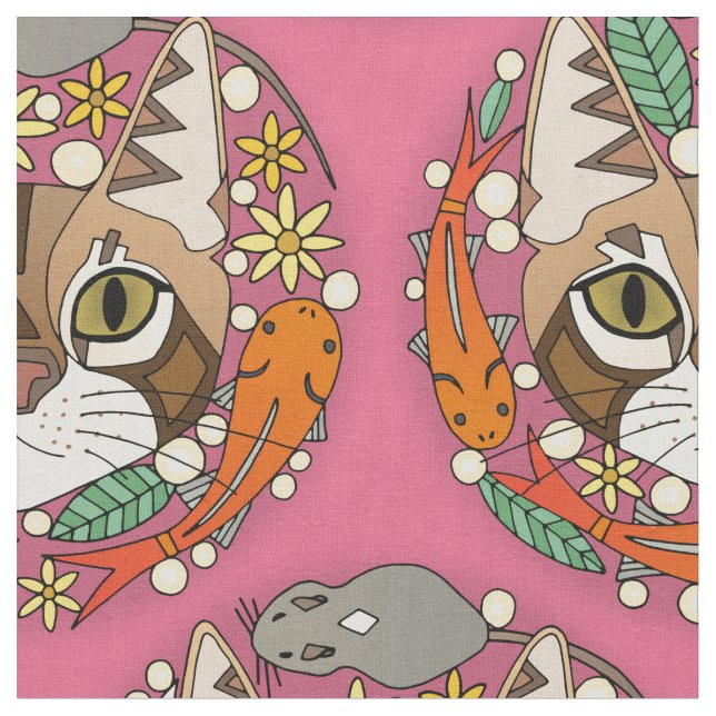 a cat's life polka pink fabric (Close Up)