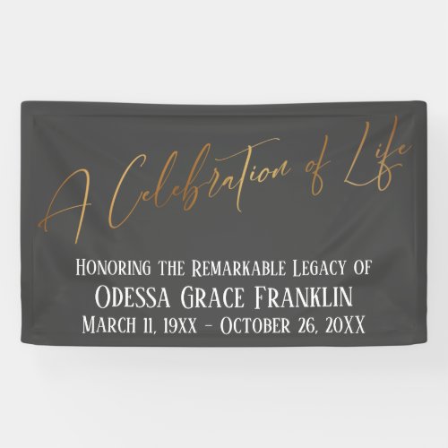 A Celebration of Life Gold Handwriting Dark Gray Banner