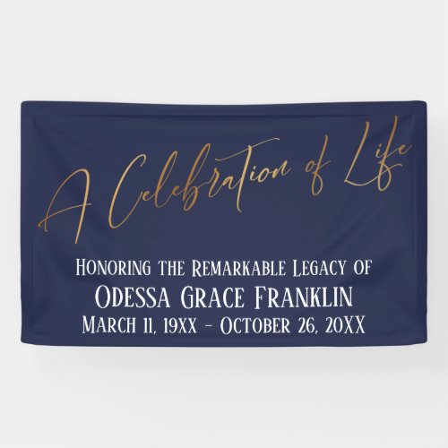 A Celebration of Life Gold Handwriting Navy Blue Banner