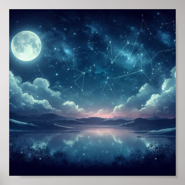 A celestial scene of a moonlit sky with stars  poster (Front)