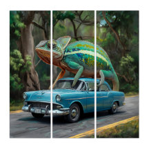 A chameleon perched on a car in a vibrant painting